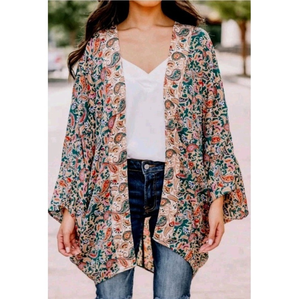 Entro Boho Paisley Floral Kimono L Dolman Batwing Festival Western Layer Flowy